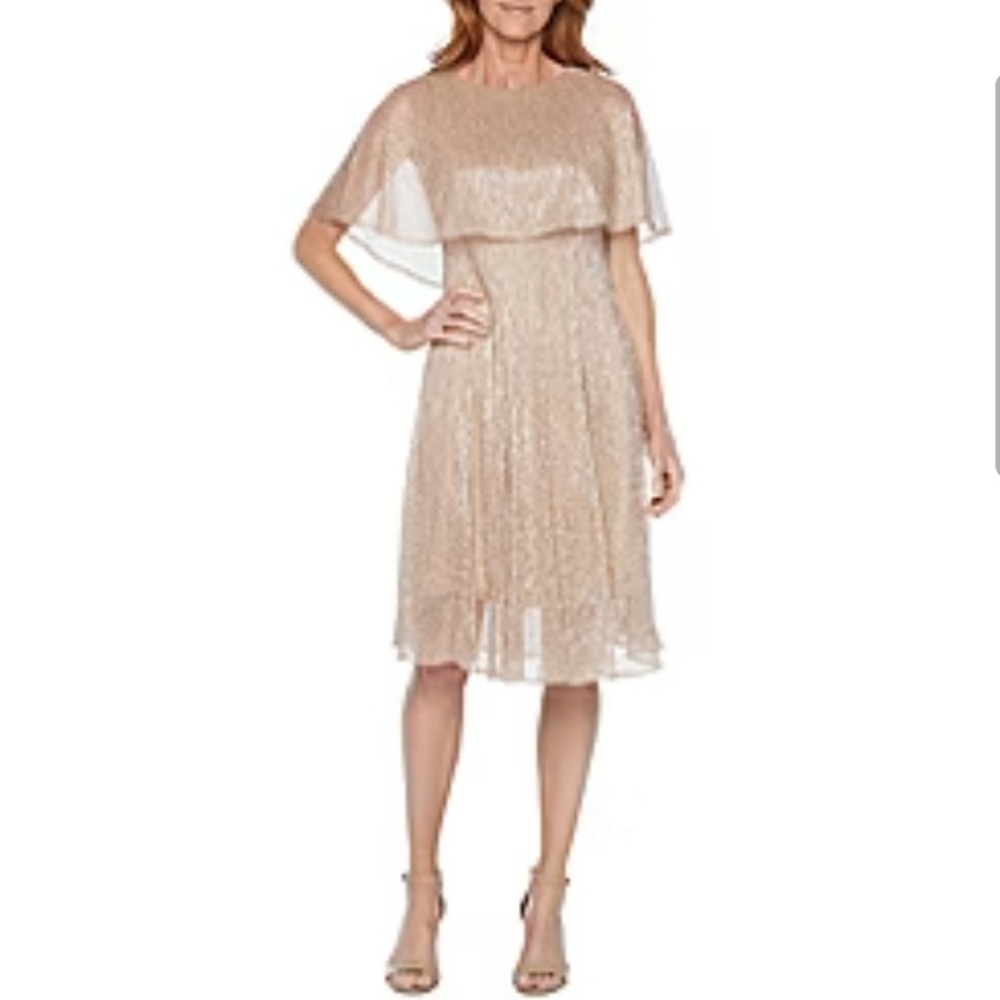 Danny & Nicole Metallic Blush Gold Shimmer Dress Size 8 Fit & Flare Cape Overlay